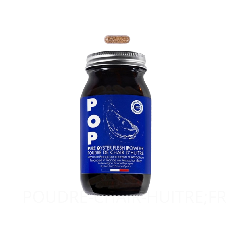 Complément alimentaire à base de poudre de chair d'huitre, 150 gélules, POP pure oyster flesh powder, huitres d'arcachon, 1 flacon