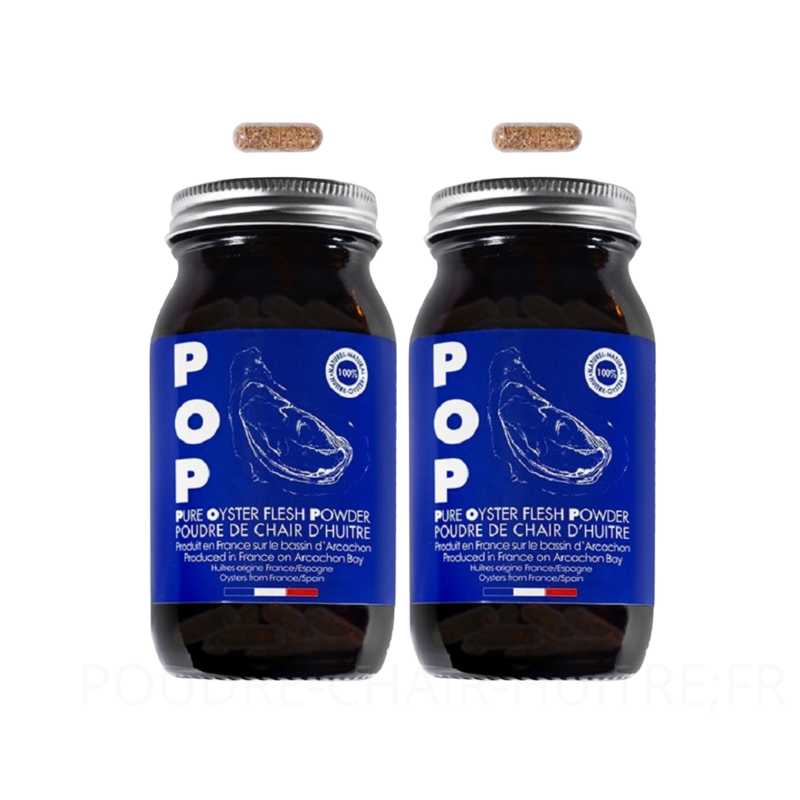 Complément alimentaire à base de poudre de chair d'huitre, 150 gélules, POP pure oyster flesh powder, huitres d'arcachon, 2 flacons en promotion
