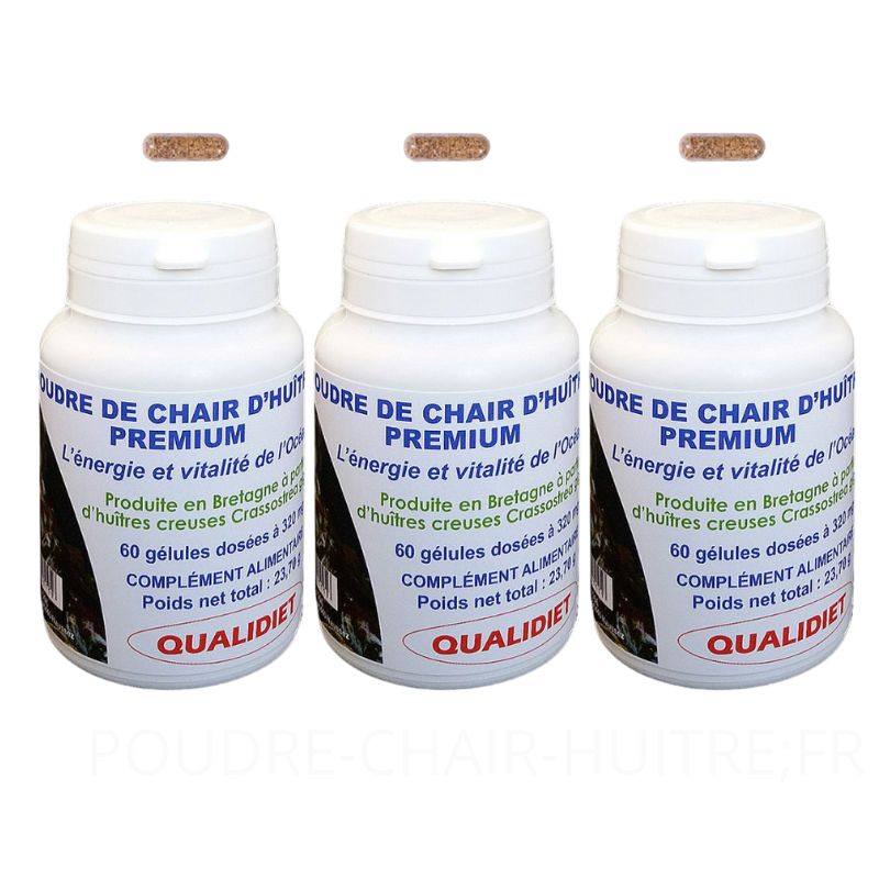 Complément alimentaire à base de poudre de chair d'huitre, 60 gélules, Vital Osmose , 3 flacons en promotion