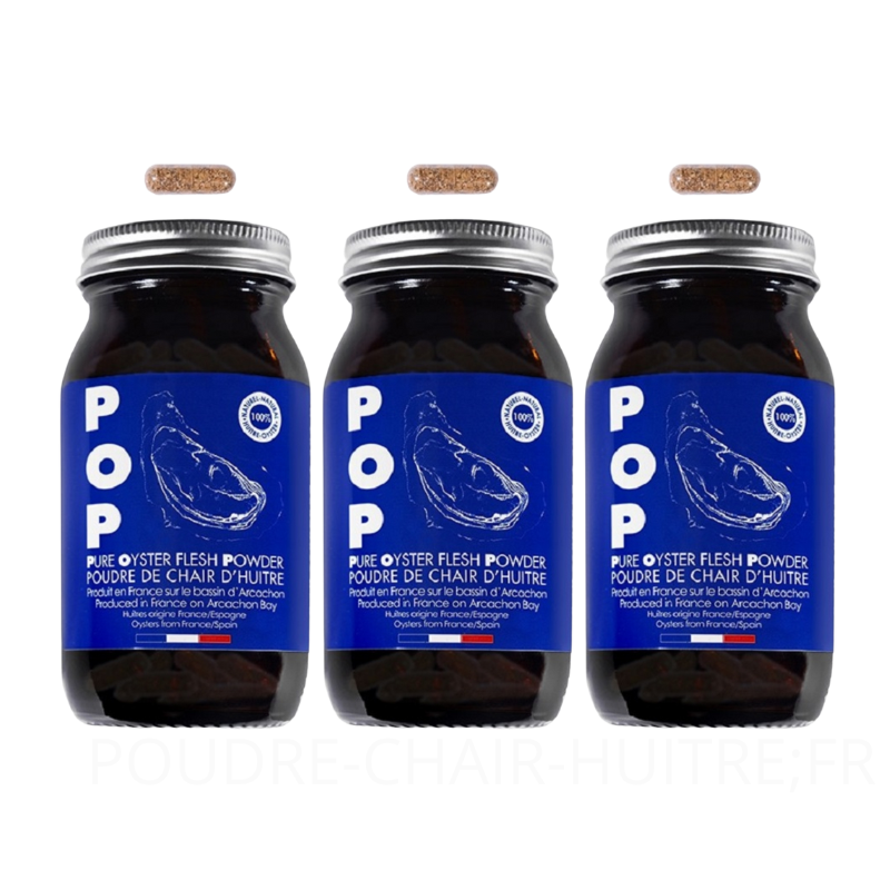 Complément alimentaire à base de poudre de chair d'huitre, 150 gélules, POP pure oyster flesh powder, huitres d'arcachon, 3 flacons en promotion
