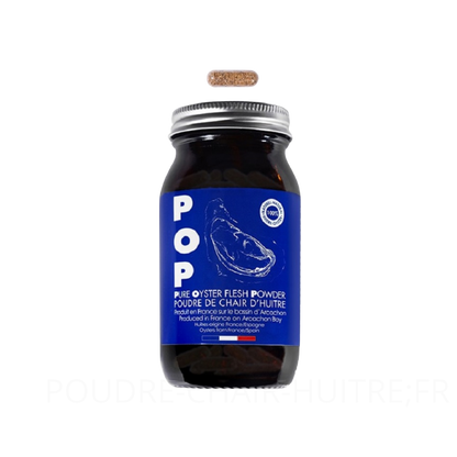 Complément alimentaire à base de poudre de chair d'huitre, 150 gélules, POP pure oyster flesh powder, huitres d'arcachon, 1 flacon