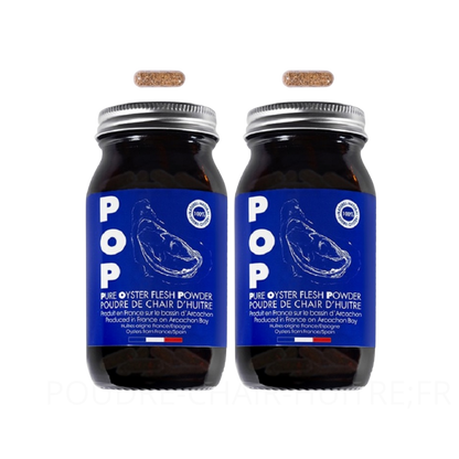 Complément alimentaire à base de poudre de chair d'huitre, 150 gélules, POP pure oyster flesh powder, huitres d'arcachon, 2 flacons en promotion