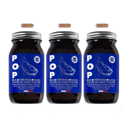 Complément alimentaire à base de poudre de chair d'huitre, 150 gélules, POP pure oyster flesh powder, huitres d'arcachon, 3 flacons en promotion